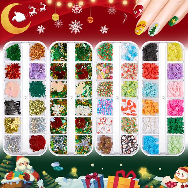 12Grids natal pregos holográficos lantejoulas DIY Nail Art Flocos de neve Estrelas de árvore glitter flocos estilos mistos artesanato decorações