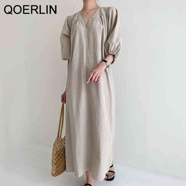 

dresses minimalist chic korean cotton linen loose maxi women khaki fashion casual v-neck half sleeve solid vestidos mujer, Black;gray