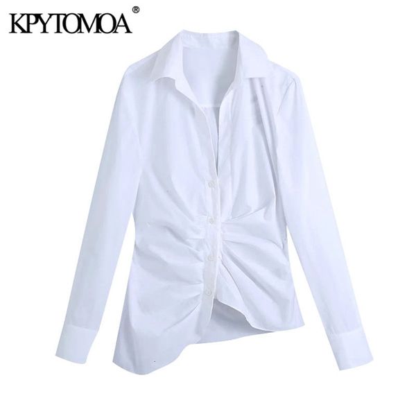 

women fashion draped asymmetry white blouses long sleeve button-up female shirts blusas chic 210420