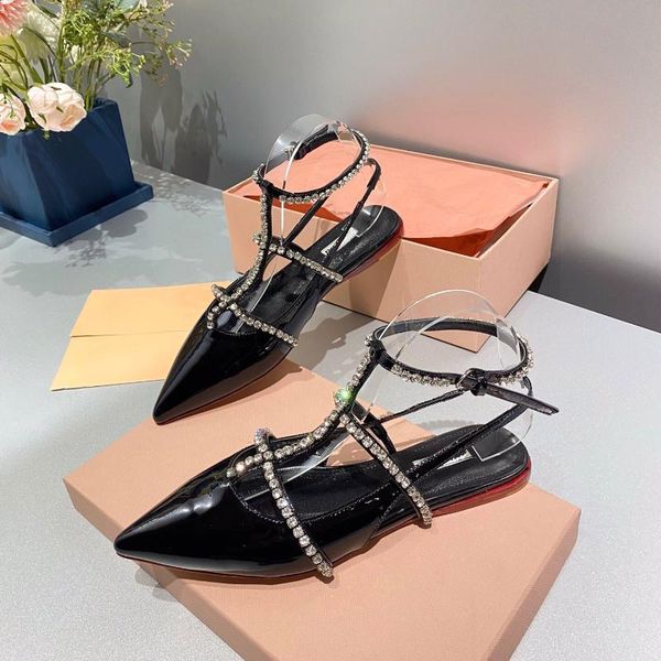 

sandals 2021 est summer shoes woman pointed-toes genuine leather ankle-strap blingbling crystal, Black