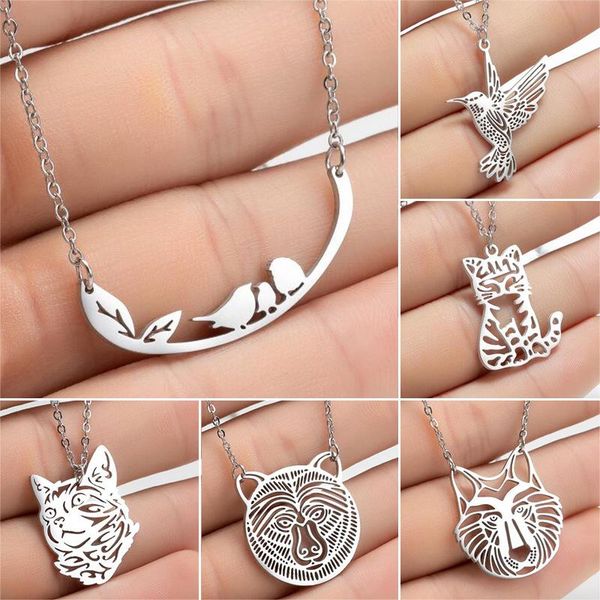 

pendant necklaces ksra stainless steel animal for women fashion origami tiger cat monkey bird pendants gift, Silver