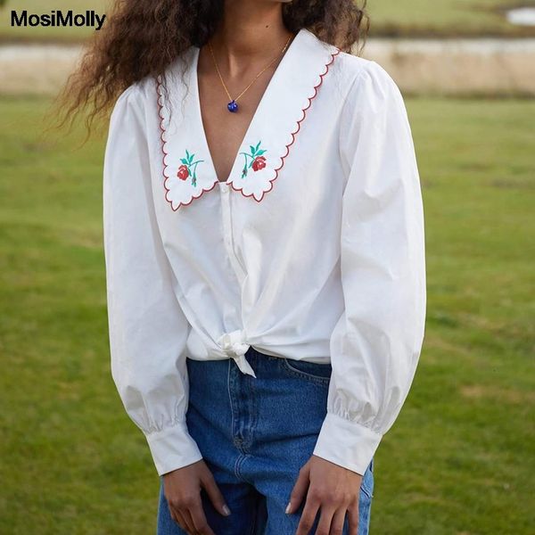 

women's t-shirt mosimolly chic flower embroidery blouses shirt women peter pan collar white blouses female blusas 2021 spring