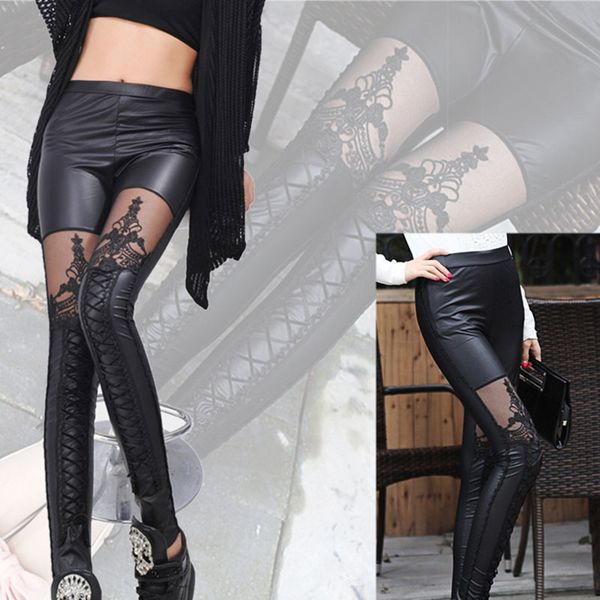 Alta Qualidade Atacado Punk Black Faux Leather Gothic Lace Legging Mulheres Bandage Lace Up Leggings Hot Calças Calças 210419