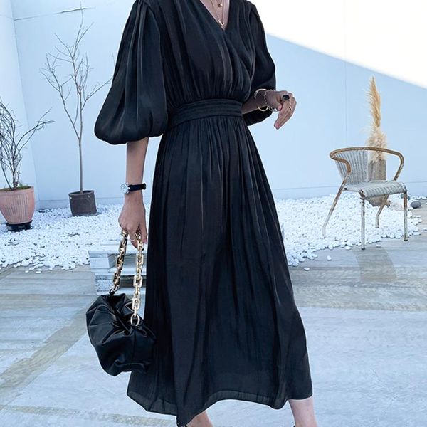 

casual dresses [ewq] women black high waist pleated dress v-neck half lantern sleeve loose fashion tide spring summer 2021 16f0697, Black;gray