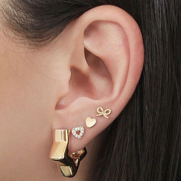 

stud origin summer 4 pieces/set shiny rhinestone star bowknot earrings for women gold color metal love heart brincos, Golden;silver