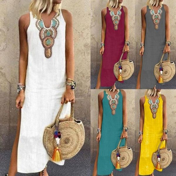 

casual dresses 70% sell summer women paisley print v neck sleeveless split maxi linen loose kaftan dress, Black;gray