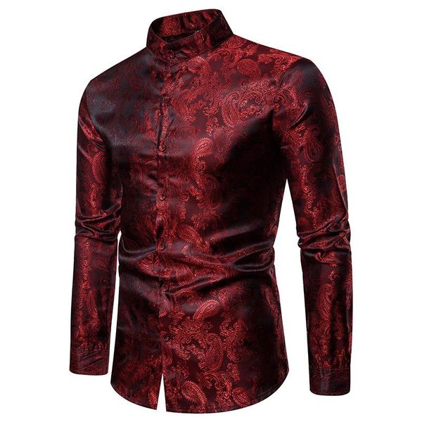 

fake silk paisley tuxedo shirts autumn streetwear long sleeve mens stand collar office shirt men big and tall size xxl men's dress, White;black