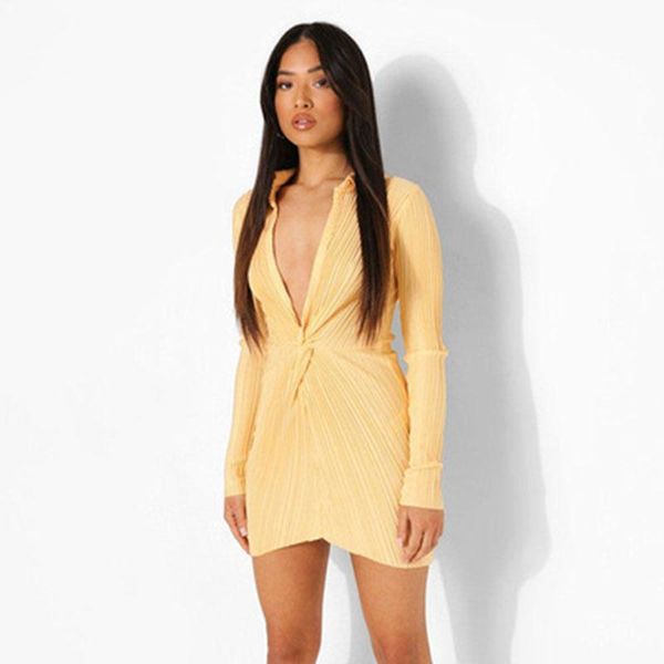 

casual dresses spring autumn women feature slim long sleeve dress lady short solid color pleated low cut, Black;gray