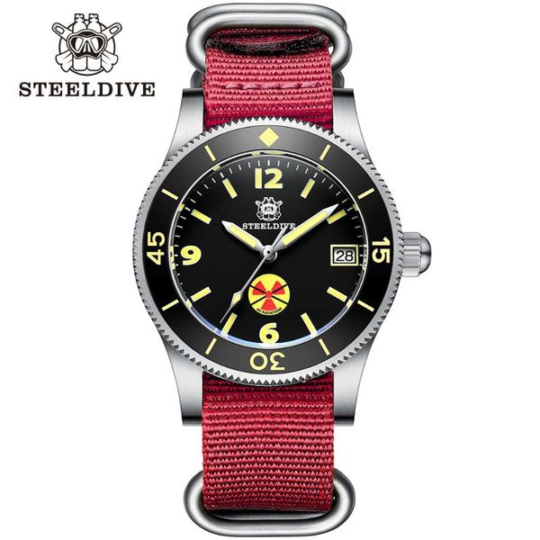 

wristwatches steeldive watch 1952t diver red men's mechanical watches 316l steel nylon strap diving men automatic self winding wristwat, Slivery;brown