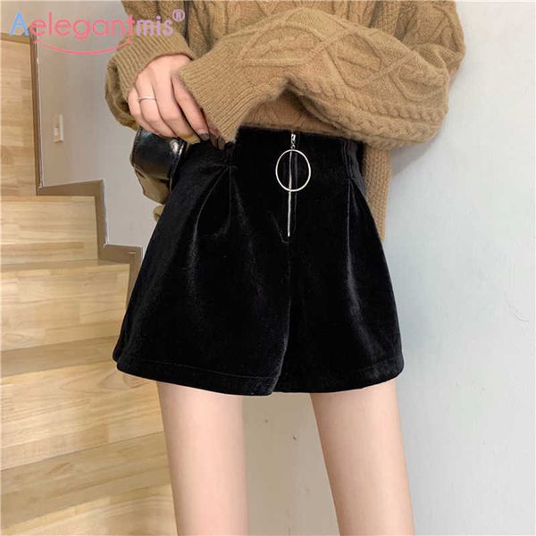 

aelegantmis elastic high waist velvet shorts women vintage casual a line wide leg loose zipper or buttons black bottoms 210607, White;black