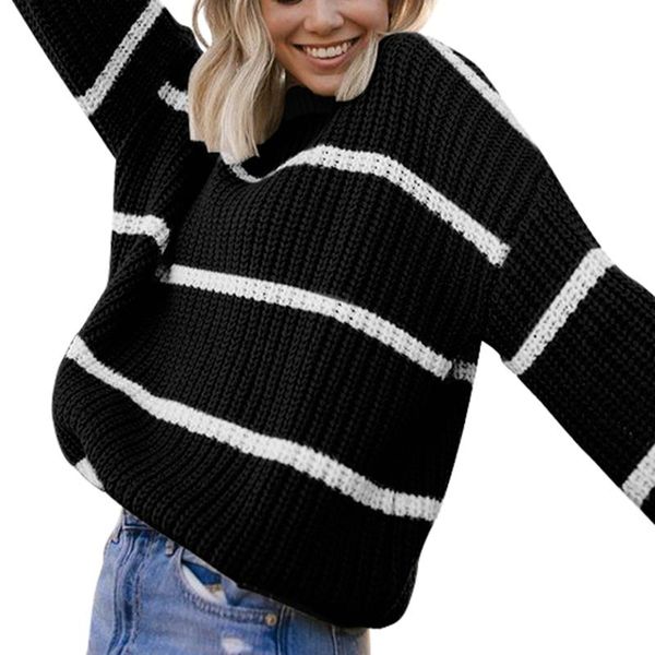 

women's sweaters women round neck casual long sleeve striped print loose cable knit, White;black