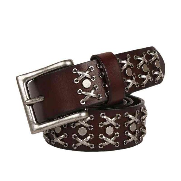

vegetable tanning head leather rivet pin buckle belt personalized knight women's, Black;brown