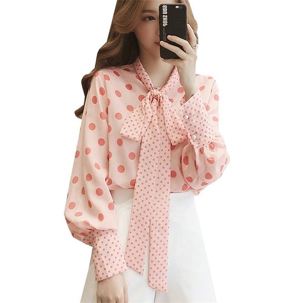 

autumn fall shirts women lantern sleeve chiffon blusas mujer casual bow polka dot sweet tie fashion pink blouses 210517, White