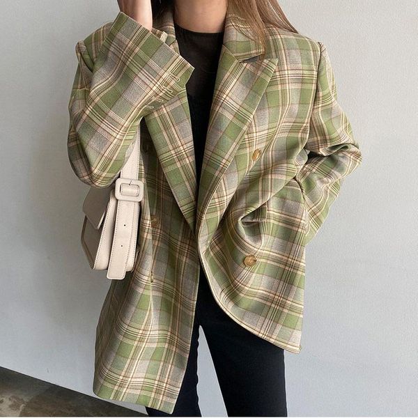 

spring autumn plaid long sleeve notched women's blazers double breasted mid-length office ladies blazer coats suits &, White;black