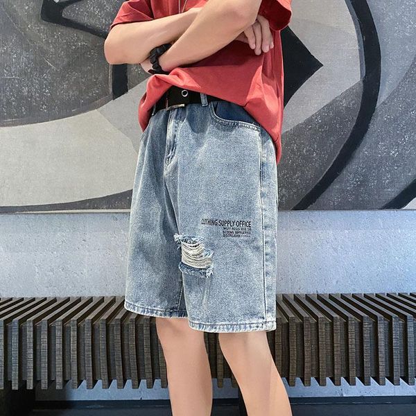 

men's jeans blue wide leg shorts for men 2021 summer korean fashion clothing teenager short ripped hole denim pants hip hop streetwear