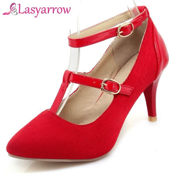 

lasyarrow buckle strap women's shoes ladies wedding high heels shallow mouth pumps black red size 43 rm521 dress