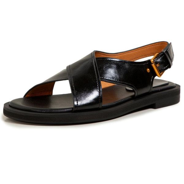 

sandals back buckles summer for women genuine leather vintage 2021 fashion platform low heels shoes woman, Black