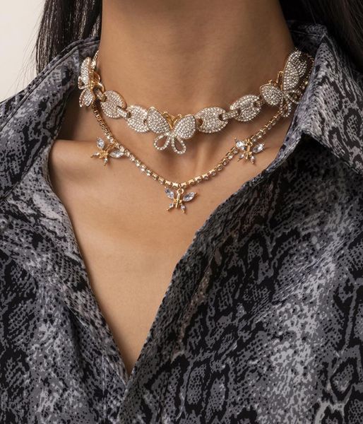 

chains j.shine 2pcs multilayer iced out paved rhinestone tennis chain luxury cz bling crystal butterfly choker necklace hip hop jewelry, Silver