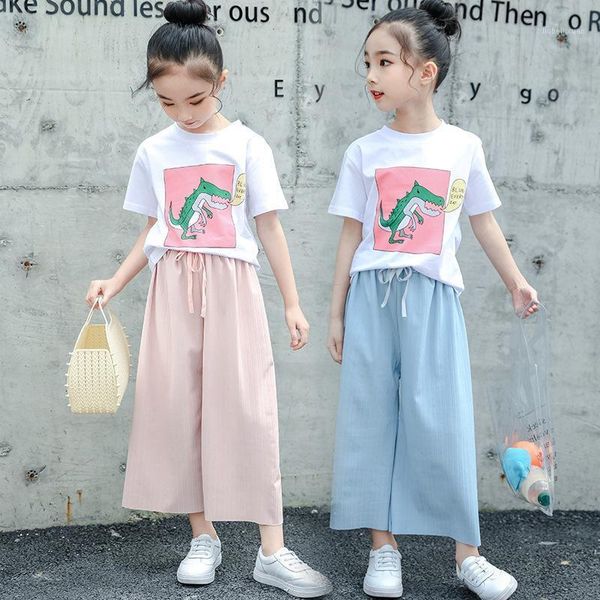 

clothing sets summer girls casual fashion kids sports outfits ruffles t-shirt and long pants clothes children solid color suits1, White