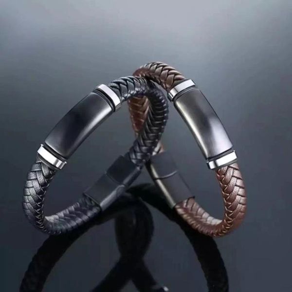 

beaded, strands european and american stainless steel charm magnetic black men's bracelet genuine leather silk woven punk rock accessor