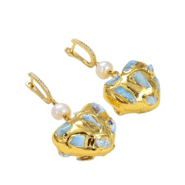 

guaiguai jewelry natural blue larimar white pearl gold plated heart-shaped dangle lever back earrings handmade for women real gems stone lad, Silver