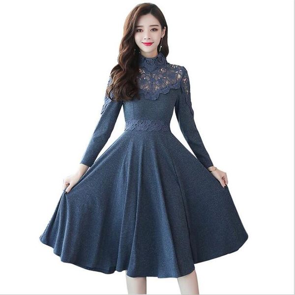 

casual dresses autumn winter plus size vintage lace midi women elegant bodycon beach dress party long sleeve runway vestidos e412, Black;gray