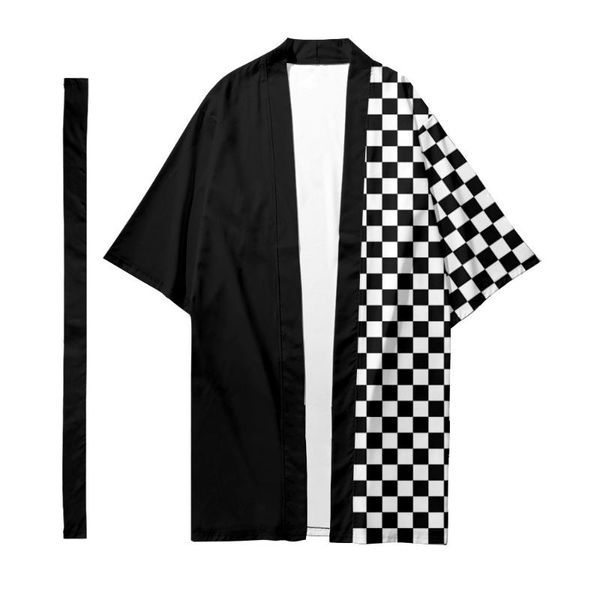 

ethnic clothing checkerboard splicing printed long style kimono cardigan with belt japanese couple women men casual asian clothes harajuku, Red