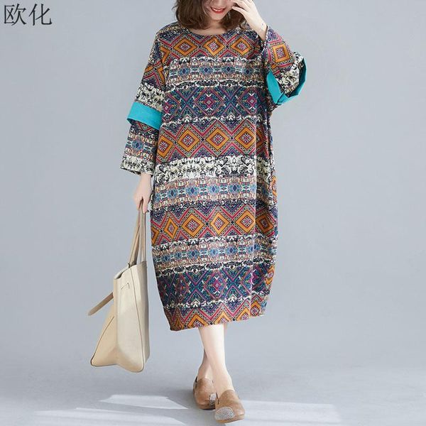 

casual dresses 2021 spring dress women plus size cotton linen long floral print vintage maxi double robe femme ladies, Black;gray