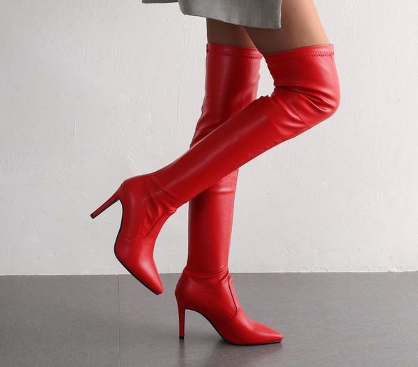 

boots pxelena 2021 stretch thigh high women slip on slim fit super stiletto heels over the knee lady shoes party, Black