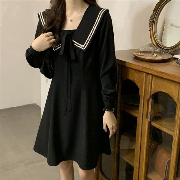 

casual dresses size 6xl 150kg women black dress long sleeve autumn sailor collar large loose vestidos de vintage, Black;gray