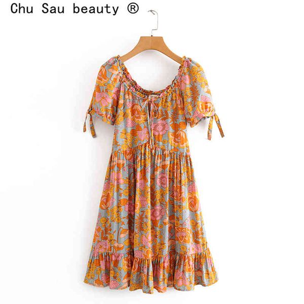 

beauty boho vintage floral print mini dress women holiday bow tie o-neck summer dresses mujer vestido de moda 210514, Black;gray