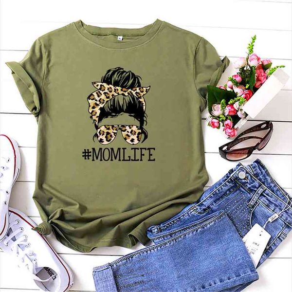 Mom Life T Shirt Donna Cotone Plus Size Leopard Skull Aestheic Graphic Tshirt Manica corta Estate Casual Festa della mamma Tees Top 210623