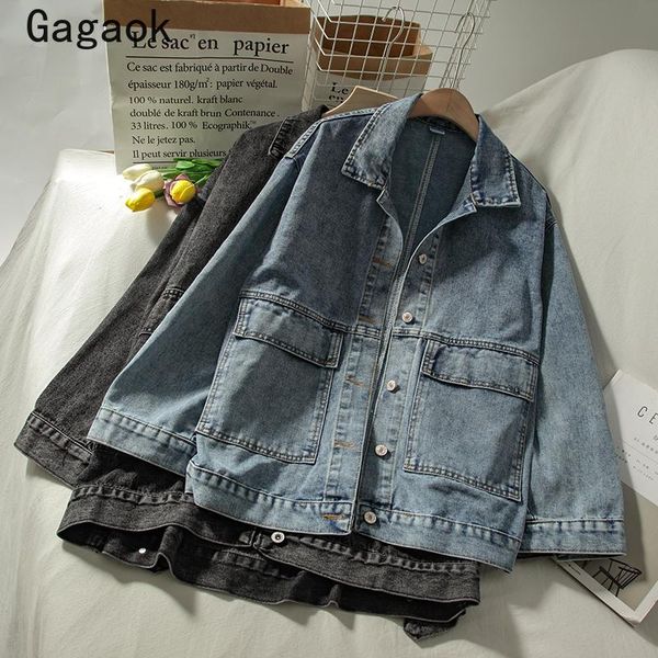 

women's jackets gagaok streetwear women jacket 2021 spring autumn solid lapel pockets retro loose korean fashion casual wild coats, Black;brown