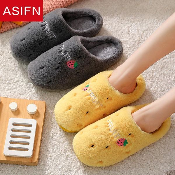 

women winter home slippers men flock non-slip cute fruit warm house plus fur indoor bedroom ladies couples floor shoes, Black