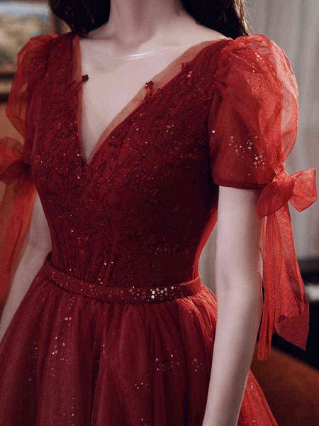 

luxury street style dresses toast bride 2021 wine red usually can wear dr's banquet temperament wedding engagement, Black;pink