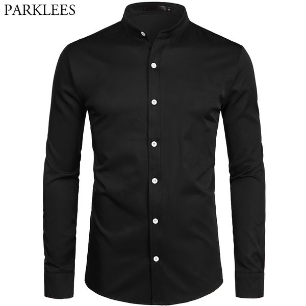 Homens Banded Collar Slim Fit Manga Longa Camisas Botão Marca Botão Down Business Escritório Trabalho Camisa Masculina Preto 2xL 210522