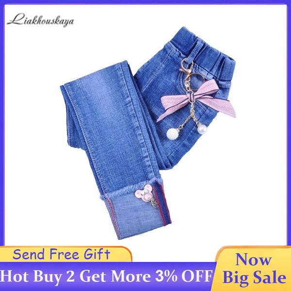 

2021 new girls jeans children spring autumn fashion elastic waist pants girls bow pants teen pencil pants 3-13 y, Blue