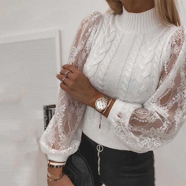 

women fashion mesh lace long sleeve sweaters pullovers autumn fashion female brief cozy knit sweater 210716, White;black