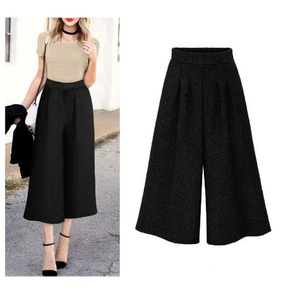 

women's pants & capris women elegant wide leg loose elastic waist ankle length trousers autumn winter 2021 solid high oversized, Black;white