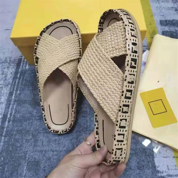 

2021 summer women's slipper fashion designer comfortable latest straw flat slipper, Black