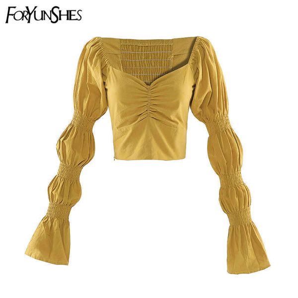 

foryunshes women's shirts autumn femme retro pleated off shoulder v-neck slim blouse puff flare long sleeve crop 210709, White