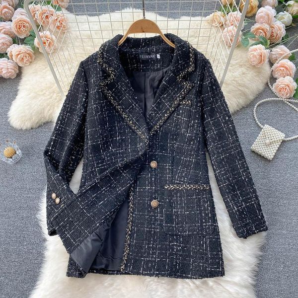 

women's wool & blends 2021 autumn winter ladies plaid woolen coat female fashion casual big size tweed small suit medium long slim jack, Black