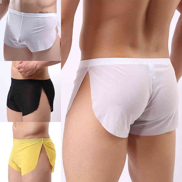 

men's boxer pajamas side split mesh underwear shorts panties underpants low waist ultra-thin sleepwear homewear casual, Black;white