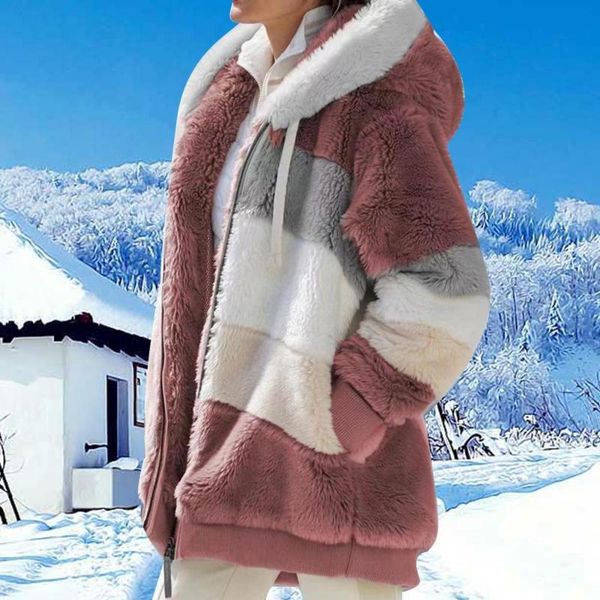 

women's trench coats winter women overcoat faux fur jacket fake plush zipper hooded loose overoat fashion warm clothes, Tan;black