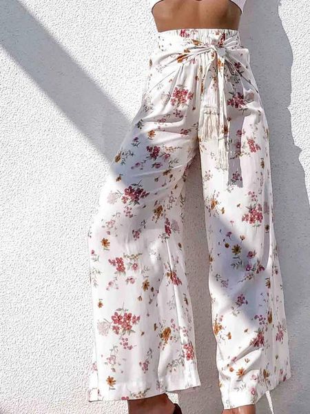

women's pants & capris yinlinhe white floral long women summer loose wide leg outfits elastic waist straight trousers lady casual wear, Black;white