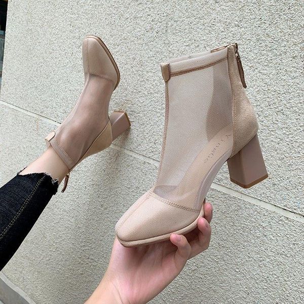 

boots mesh woman,fashion summer high heels,girls sandals shoes,back zipper,square toe,female footware,apricot,,drop, Black