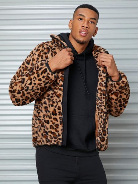 

men leopard pattern zipper fleece jacket s49o#, Black;brown