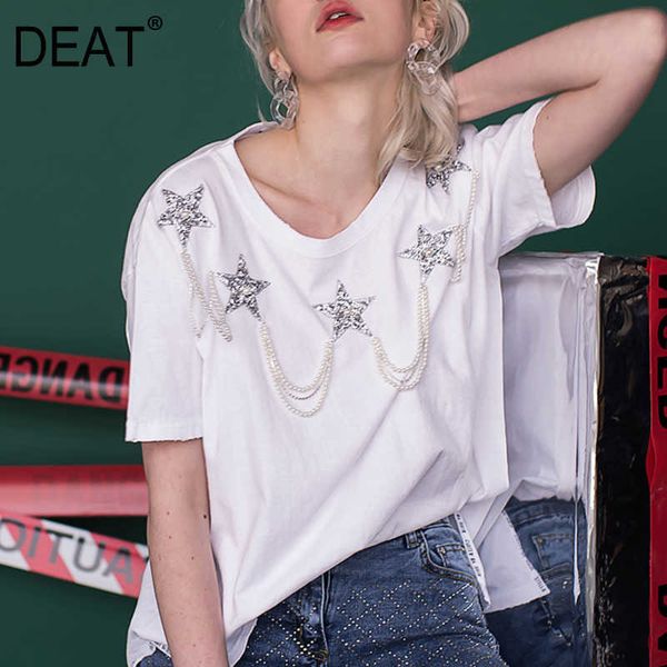 

[deat] summer fashion round neck solid color diamonding beading short sleeve loose women t-shirt 13q049 210527, White