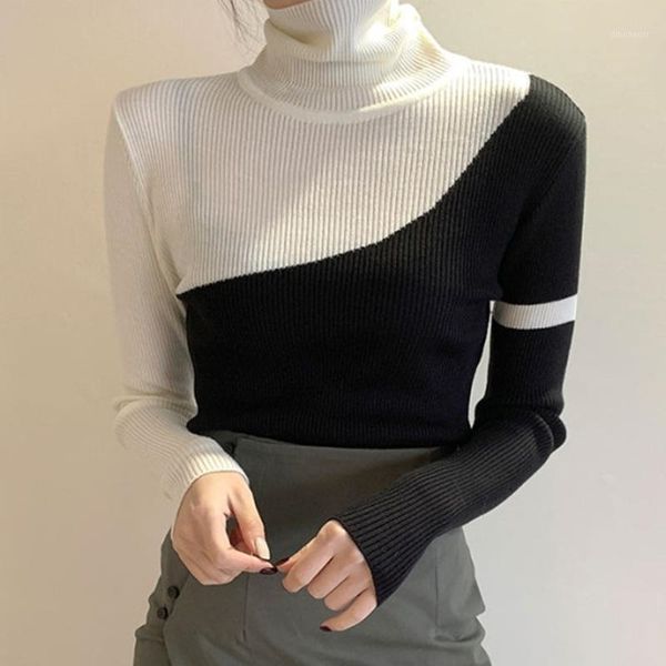 

women's sweaters [ewq] spring casual loose turtle neck long-sleeved women thin jumper panelled slim pullover knitted sweater 8q10141 3t, White;black