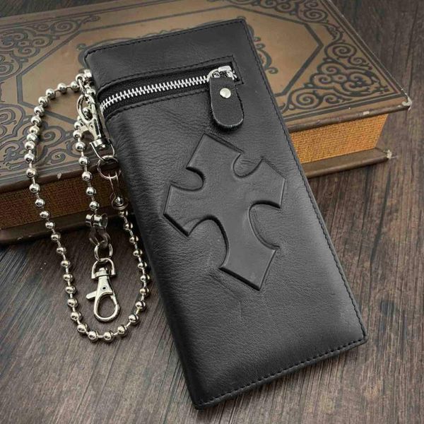 

wallets gothic cross biker men genuine leather long wallet purse with chain, Red;black